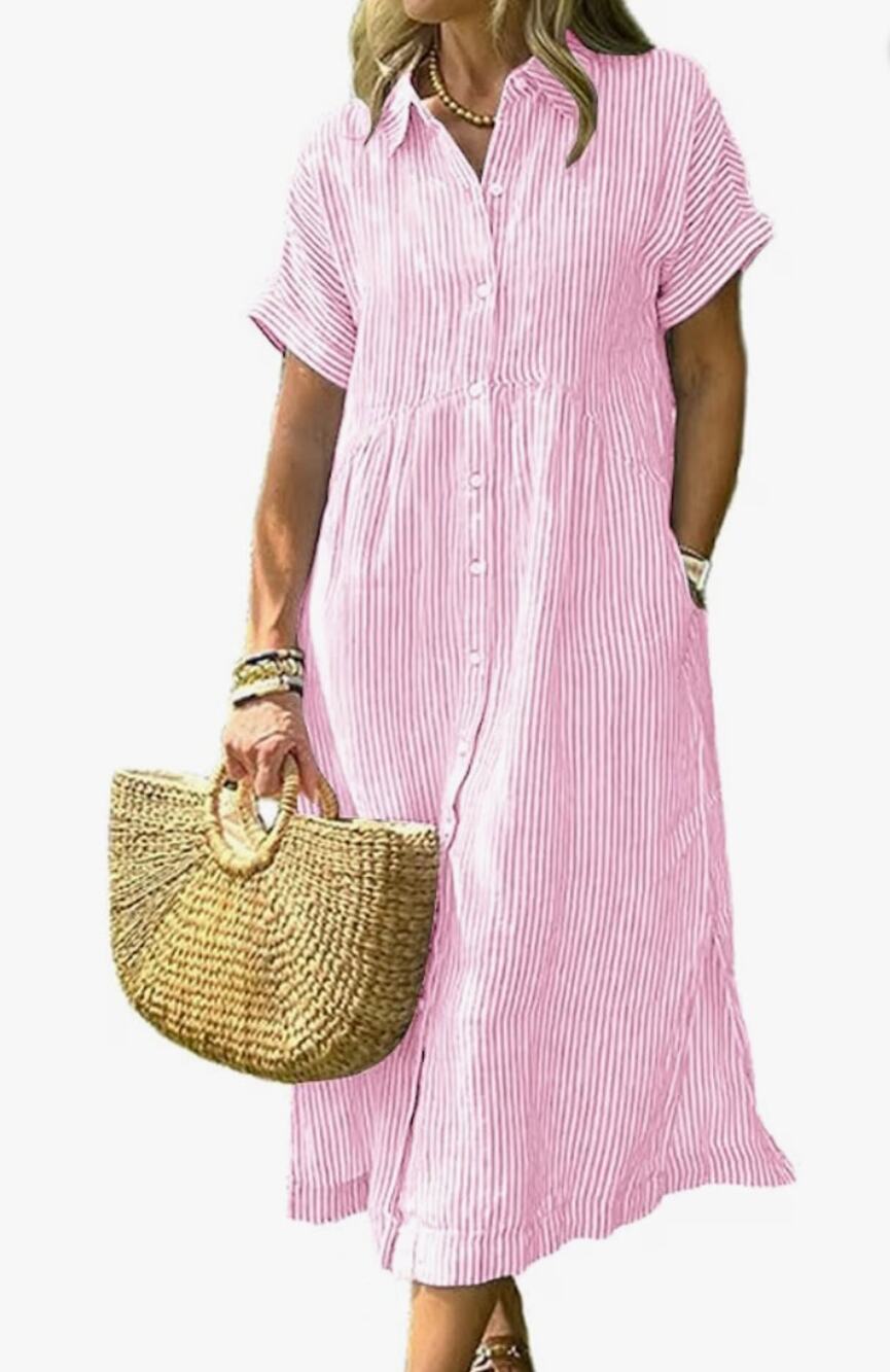 Summer Striped Midi Long Shirt Dress Casual Loose Short Sleeve Button Down Dress